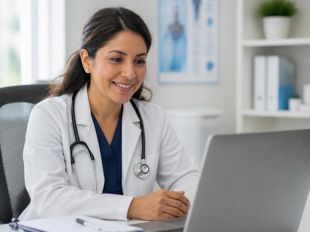 Médica venezolana realizando una teleorientación médica por computadora
